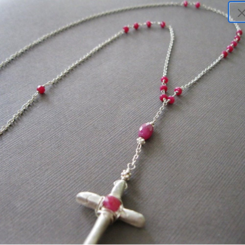 Sterling Silver Cross Pendant Ruby Necklace